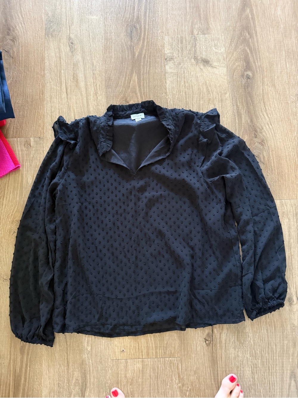 J. Crew Black Swiss Dot Long-Sleeve Ruffle Collar Blouse